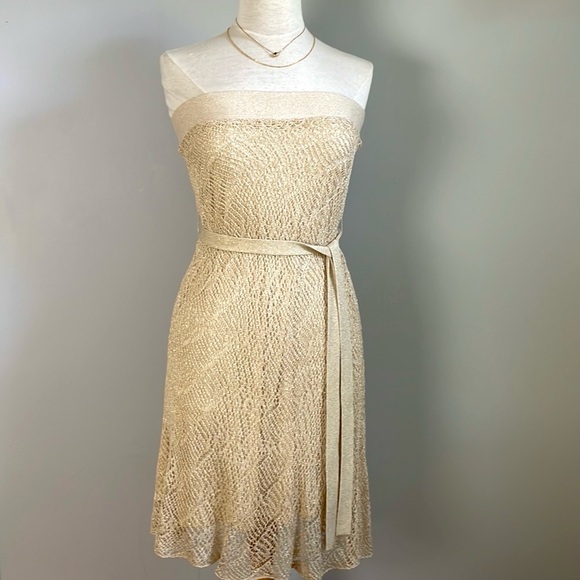 NWOT  bebe Metallic Gold Mini Crochet-Knit Halter A-Line Belted Dress, Size M - Picture 1 of 16